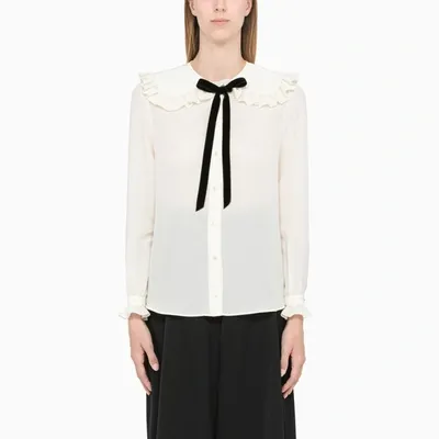 Saint Laurent Ivory Frilled Silk Blouse In White