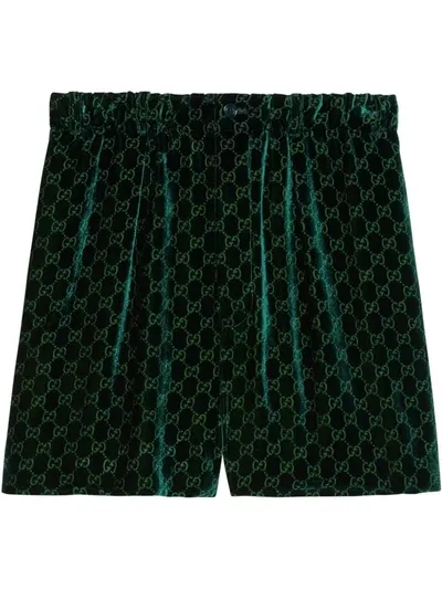 Gucci Gg Logo-print Velvet Shorts In Dark Green