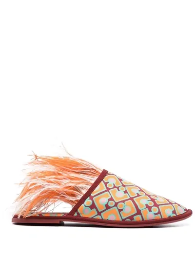 La Doublej Boudoir Feather-trim Slippers In Puzzle Bordeaux