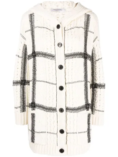 Valentino Bead-embellished Check-pattern Hooded Cardigan In White/black