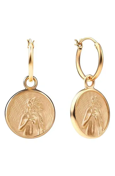 Awe Inspired Aphrodite Coin Drop Huggie Hoop Earrings In Gold Vermeil