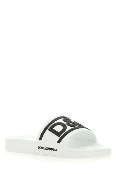 Dolce & Gabbana Rubber Beachwear Sliders With Dg Logo In Bianco Nero