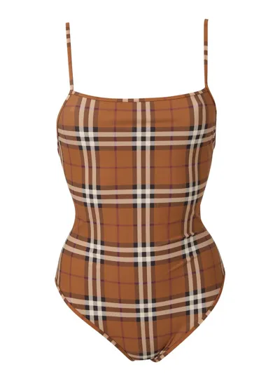 Burberry Delia Check One-piece Swimsuit In Dark Birch Brown Check