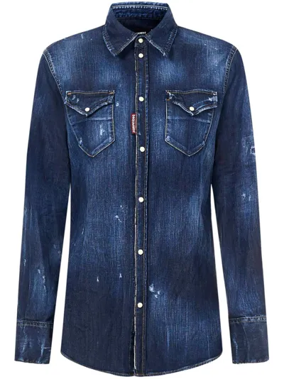 Dsquared2 Logo-print Denim Shirt In Blue