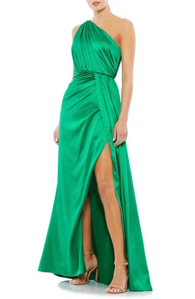 Mac Duggal One-shoulder Satin Gown In Emerald Green