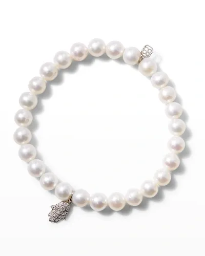 Sydney Evan Beaded Pearl Bracelet With Diamond Hamsa Charm