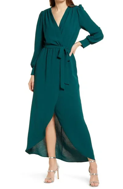 Fraiche By J Wrap Front Long Sleeve Dress In Dark Green