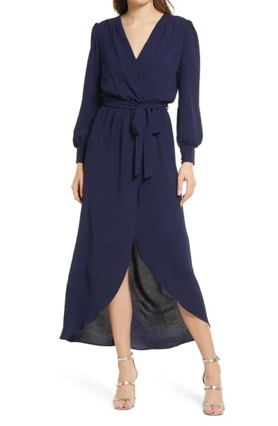 Fraiche By J Wrap Front Long Sleeve Dress In Navy