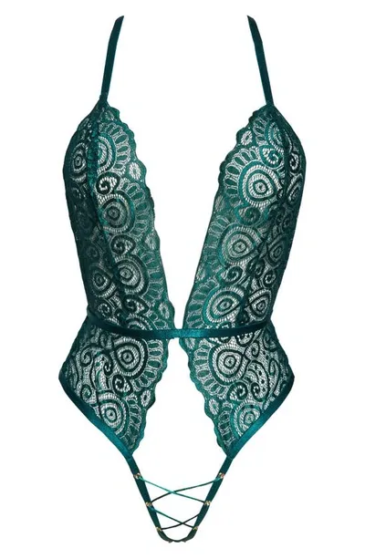 Roma Confidential Plunge Lace Open Gusset Teddy In Green