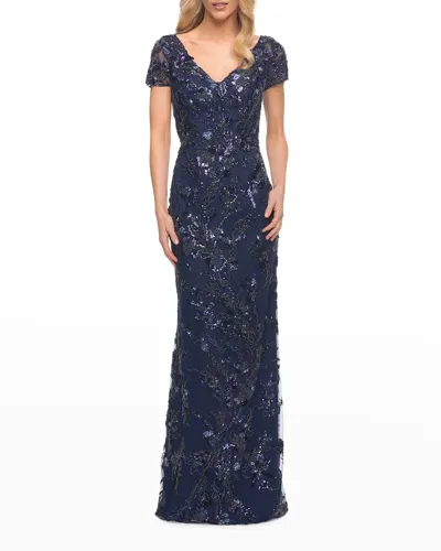 La Femme Short-sleeve Beaded Column Gown In Navy