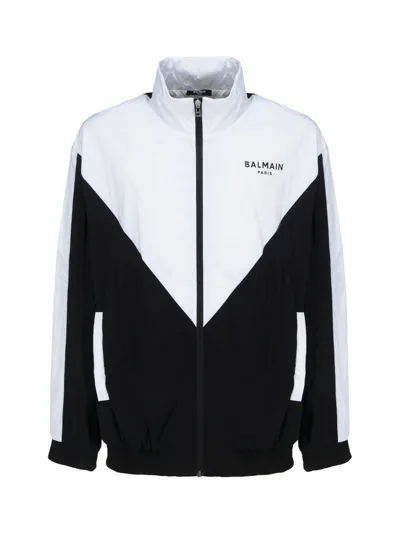 Balmain Logo-print Multi-cut Track Jacket In Eab Noir Blanc