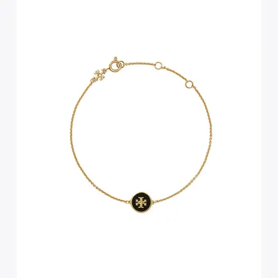 Tory Burch Kira Logo Colored Disc Link Bracelet In Tory Gold / Black