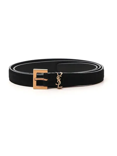 Saint Laurent Black & Gold Narrow Monogram Belt