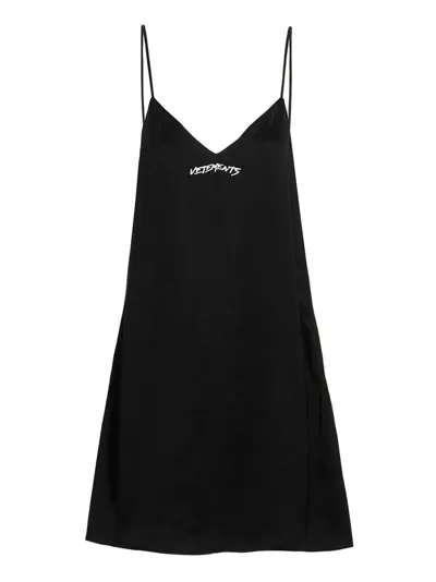 Vetements Logo-print Spaghetti-strap Dress In Black