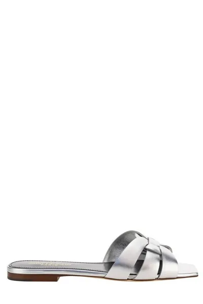 Saint Laurent Silver Lauren Flat Sandals In Argento