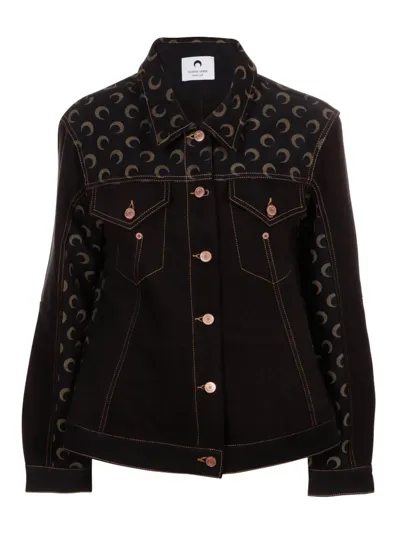 Marine Serre Denim Printed Moon Fitted Jacket In Black