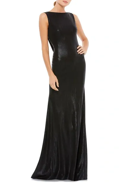 Mac Duggal Metallic Bateau Neck Column Gown In Black