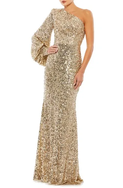 Mac Duggal Sequin One-shoulder Column Gown In Gold Tone