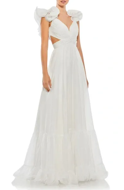 Mac Duggal Rosette Chiffon Cutout Empire Waist Gown In White