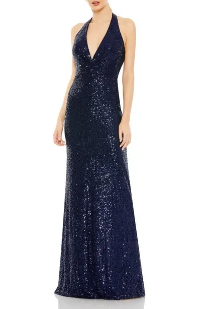 Mac Duggal Metallic Halter Gown In Navy