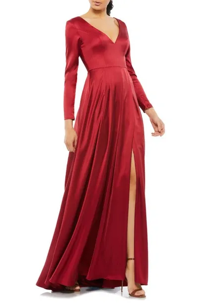 Mac Duggal Long Sleeve Satin A-line Gown In Wine