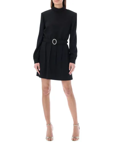 Saint Laurent Mock Neck Belted Long Sleeve Minidress In Black