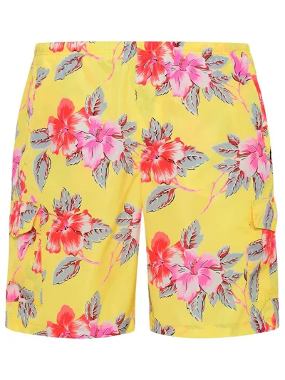 Palm Angels Hibiscus-printed Elasticated Waistband Swim Shorts In Yellow White