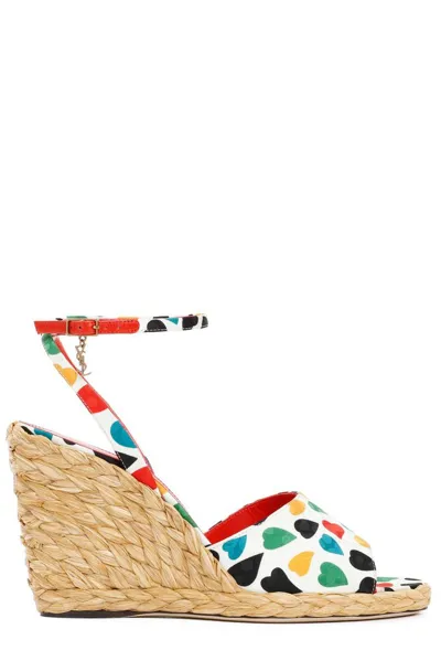 Saint Laurent Women's Sexy Heart-print Silk & Raffia Wedge Sandals In Bianco Multicolor