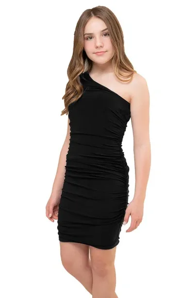 Un Deux Trois Kids' Girl's One-shoulder Ruched Dress In Black