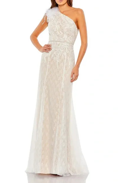 Mac Duggal Lace Embellished Feathered One Shoulder Gown In Ivory