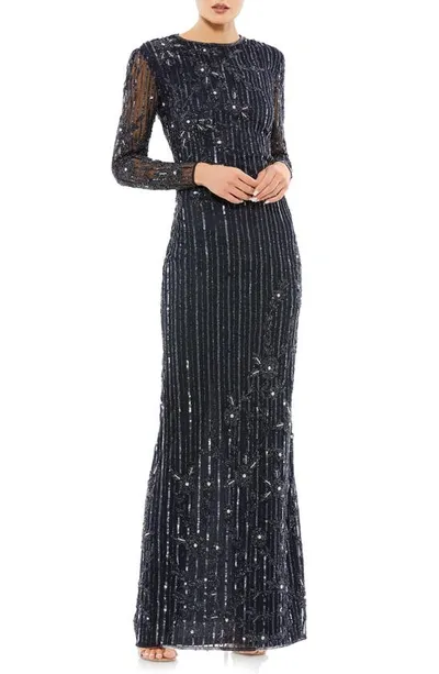 Mac Duggal Sheer Long Sleeve Beaded Gown In Midnight