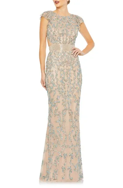 Mac Duggal Damask Sequin Open Back Gown In Beige Multi