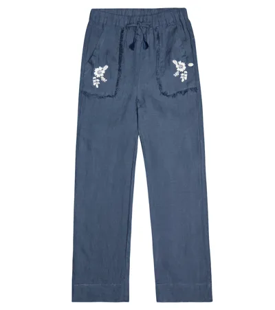 Tartine Et Chocolat Kids' Embroidered Linen Pants In Blu