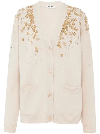 Miu Miu Sequin-embellished Cashmere Cardigan In Soy Green