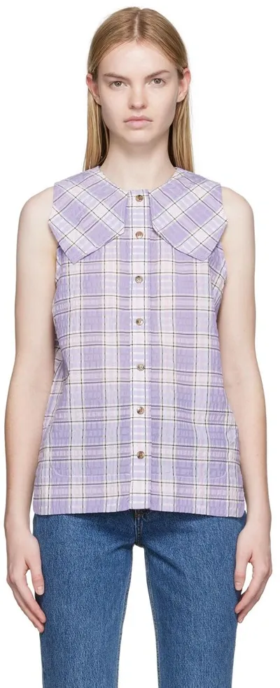 Ganni Seersucker Checked Sleeveless Button-front Shirt In Purple