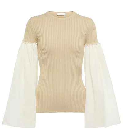 Chloé Chiffon-trimmed Ribbed Wool And Cashmere-blend Sweater In White