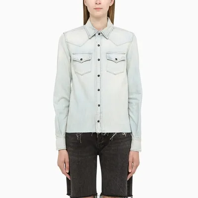 Saint Laurent Frayed-hem Denim Shirt In Light Blue