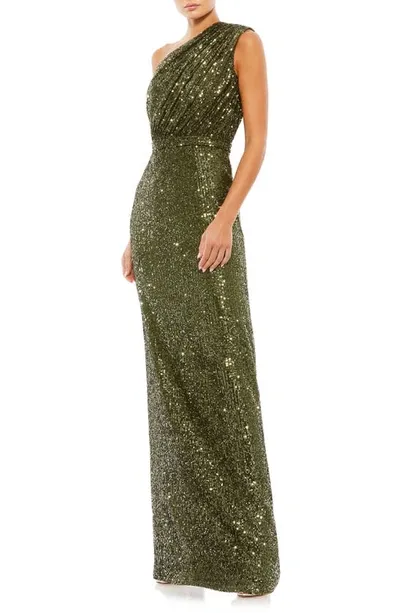 Mac Duggal Sequin One-shoulder Column Gown In Olive