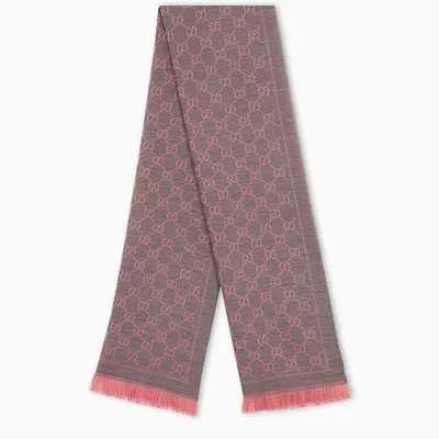 Gucci Grey/pink Knitted Gg Jacquard Scarf