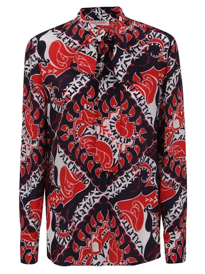 Valentino Red And Navy Manifesto Bandana Print Silk Blouse In Ivory Navy Multi