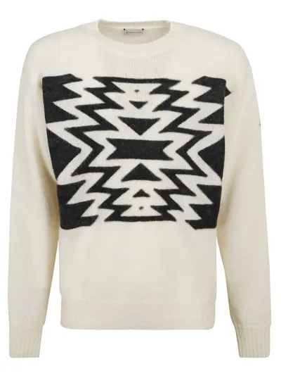 Moncler Geometric Knit Crewneck Sweater In White Black