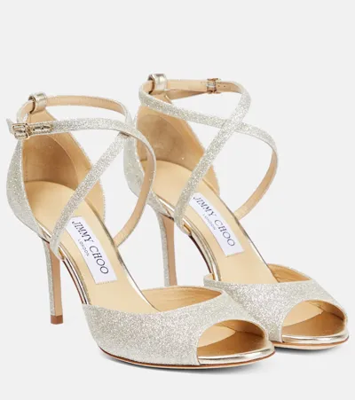 Jimmy Choo Emsy 85 Glitter Sandals In Platinum Ice