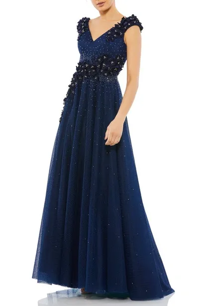 Mac Duggal Women's Floral Applique A-line Evening Gown In Midnight