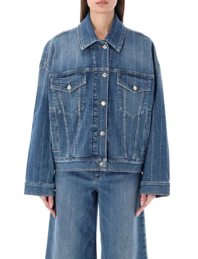 Stella Mccartney Rhinestone Hotfix Striped Oversize Denim Jacket In Vintage Dark