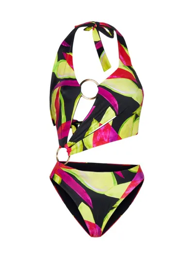 Louisa Ballou Black Sex Wax Asymmetric Swimsuit In Orange,fuchsia,yellow