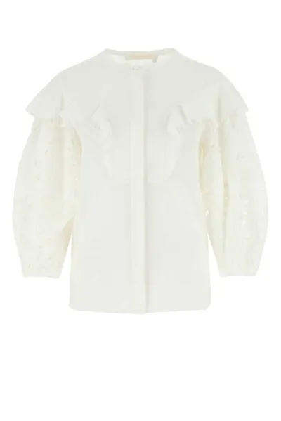 Chloé Ruffled Broderie Anglaise Linen Blouse In White