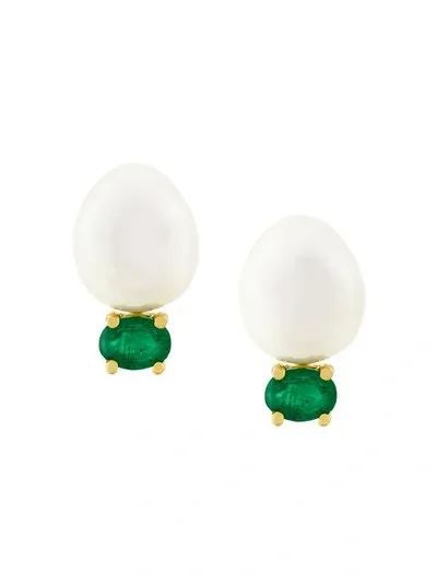 Wouters & Hendrix Gold 18kt Gold, Pearl And Emerald Stud Earrings In Multicolour