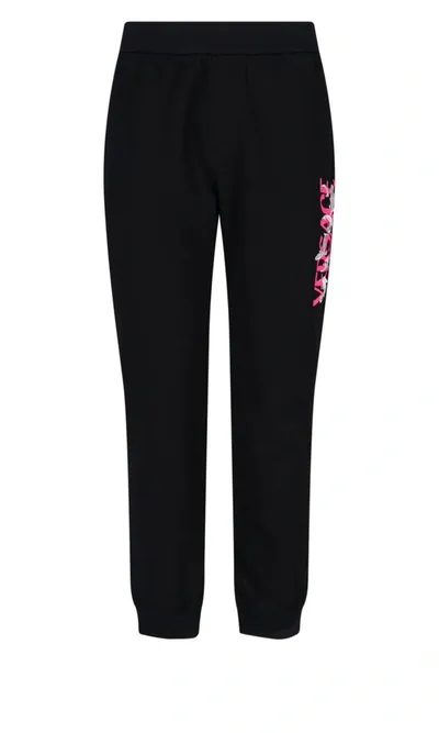 Versace Logo Printed High Waist Track Pants In Black