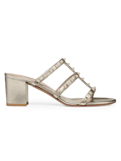 Valentino Garavani Rockstud Metallic Calfskin Leather Slide Sandal 60 Mm Woman Skin 41.5 In Silver