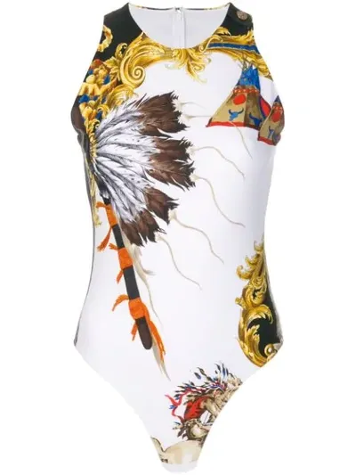 Versace Native American Print Lycra Bodysuit In White